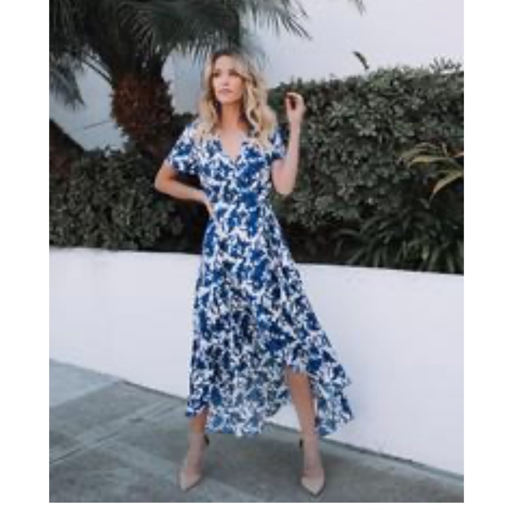Blue and white floral high low dress